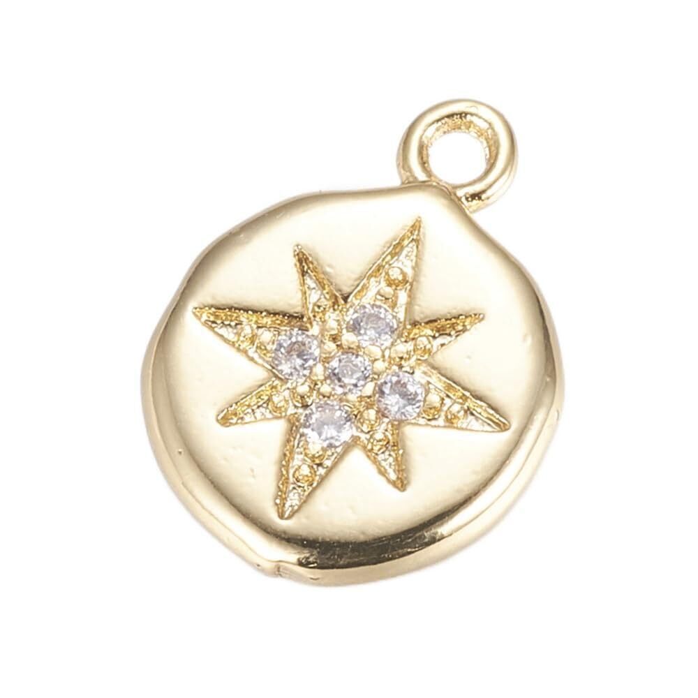 9865 10 Pcs Flat Round with Star Charms with Cubic Celestial Star Shaped